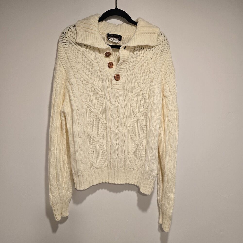 True Vintage 70s 80s Chunky Cable Knit Pullover Sweater Large Ivory Grandpa Prep